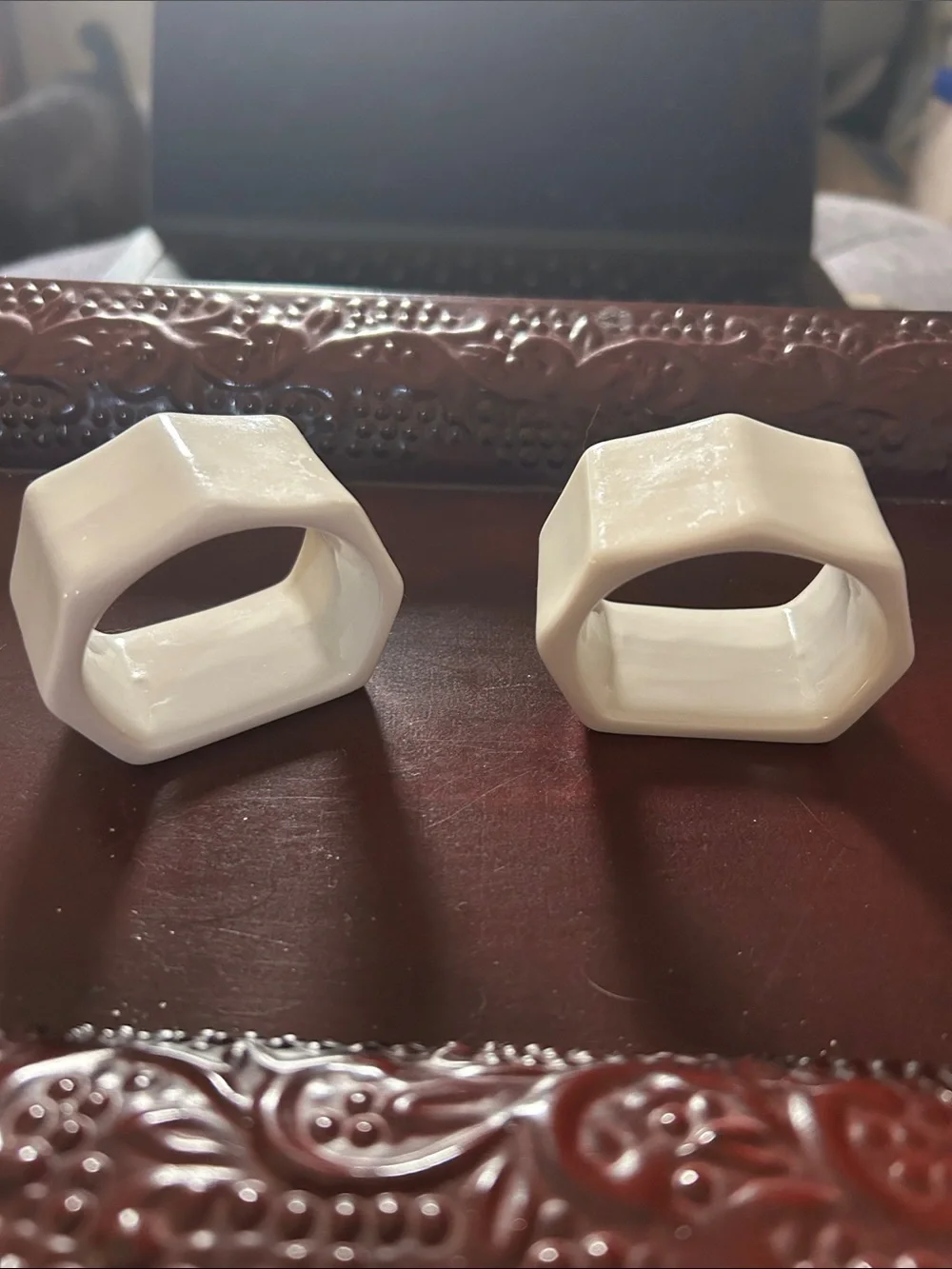 White Ceramic Hexagon Napkin Rings (Set of 2)*